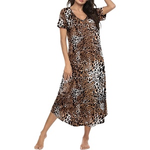 image:imageEkouaer Long Nightgowns for Women Bamboo Viscose Sleepshirt Short Sleeve Night Gown V Neck House DressLeopard Print