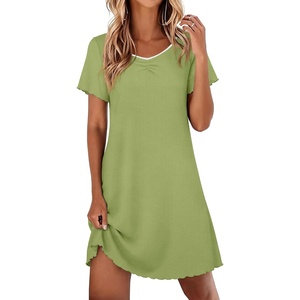 image:imageEkouaer Nightgowns for Women Lace Trim Night Gown Short Sleeve Sleep Shirts Ruffle Sleepwear V Neck Pleated Sleep DressGreen
