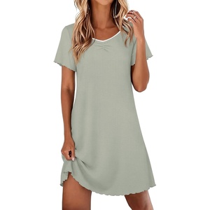 image:imageEkouaer Nightgowns for Women Lace Trim Night Gown Short Sleeve Sleep Shirts Ruffle Sleepwear V Neck Pleated Sleep DressLight Green