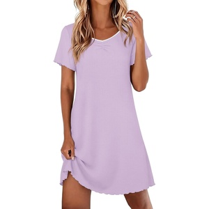 image:imageEkouaer Nightgowns for Women Lace Trim Night Gown Short Sleeve Sleep Shirts Ruffle Sleepwear V Neck Pleated Sleep DressLilac
