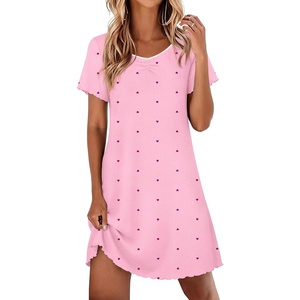 image:imageEkouaer Nightgowns for Women Lace Trim Night Gown Short Sleeve Sleep Shirts Ruffle Sleepwear V Neck Pleated Sleep DressPink Red Hearts