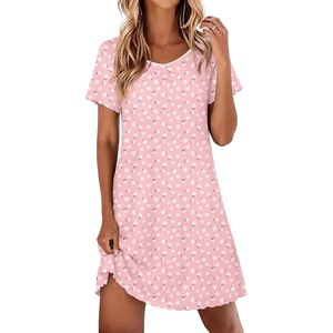 image:imageEkouaer Nightgowns for Women Lace Trim Night Gown Short Sleeve Sleep Shirts Ruffle Sleepwear V Neck Pleated Sleep DressPink White Florals