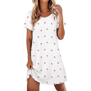 image:imageEkouaer Nightgowns for Women Lace Trim Night Gown Short Sleeve Sleep Shirts Ruffle Sleepwear V Neck Pleated Sleep DressWhite Pink Cherry