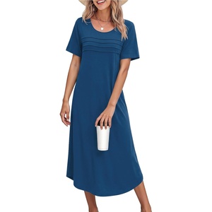 image:imageEkouaer Nightgowns for Women Long Night Gown Pleated Moo Moos Short Sleeve House Dress Plus Size Lounge Dress S5XLBlue