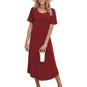 image:imageEkouaer Nightgowns for Women Long Night Gown Pleated Moo Moos Short Sleeve House Dress Plus Size Lounge Dress S5XLWine Red