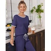image:imageEkouaer 100 Cotton Pajama for Women Short Sleeve Pj Top With Long Pants 2 Piece Lounge Set with PocketDark Blue