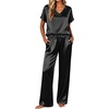 image:imageEkouaer Silk Pajamas for Women 2 Piece Satin Pjs Cap Short Sleeve Sleepwear V Neck Shirt Long Pant Lounge SetsBlack