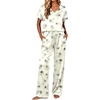 image:imageEkouaer Silk Pajamas for Women 2 Piece Satin Pjs Cap Short Sleeve Sleepwear V Neck Shirt Long Pant Lounge SetsBlack Flower