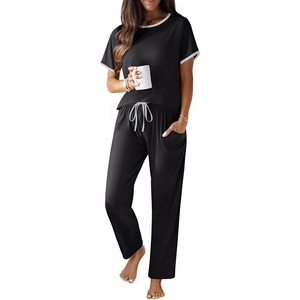 image:imageEkouaer 100 Cotton Pajama for Women Short Sleeve Pj Top With Long Pants 2 Piece Lounge Set with PocketBlack