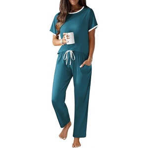 image:imageEkouaer 100 Cotton Pajama for Women Short Sleeve Pj Top With Long Pants 2 Piece Lounge Set with PocketBlue Green