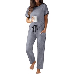 image:imageEkouaer 100 Cotton Pajama for Women Short Sleeve Pj Top With Long Pants 2 Piece Lounge Set with PocketBow Heartgrey