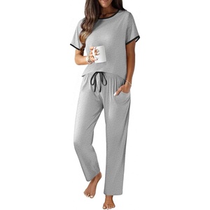 image:imageEkouaer 100 Cotton Pajama for Women Short Sleeve Pj Top With Long Pants 2 Piece Lounge Set with PocketLight Gray