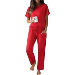 image:imageEkouaer 100 Cotton Pajama for Women Short Sleeve Pj Top With Long Pants 2 Piece Lounge Set with PocketRed