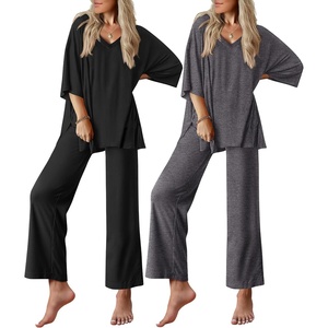 image:imageEkouaer 2 Packs Lounge Sets for Women Short Sleeve Pajamas Set V Neck Top and Long Pants Comfy Pjs Outifts with PocketsBlackDark Grey