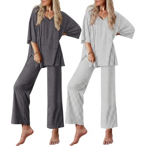 image:imageEkouaer 2 Packs Lounge Sets for Women Short Sleeve Pajamas Set V Neck Top and Long Pants Comfy Pjs Outifts with PocketsGrey StripesDark Grey