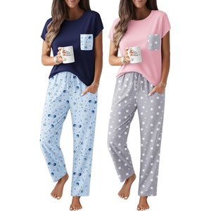 image:imageEkouaer 2 Packs Pajamas for Women Set Cap Sleeve Top and Pants Soft Sleepwear Comfy Pjs Set with Pockets LoungewearGrey StarsBlue Stars