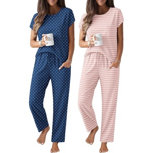 image:imageEkouaer 2 Packs Pajamas for Women Set Cap Sleeve Top and Pants Soft Sleepwear Comfy Pjs Set with Pockets LoungewearPink StripeBlues Dots