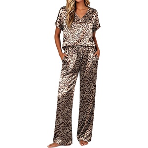 image:imageEkouaer Silk Pajamas for Women 2 Piece Satin Pjs Cap Short Sleeve Sleepwear V Neck Shirt Long Pant Lounge SetsLeopard