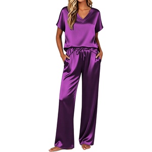 image:imageEkouaer Silk Pajamas for Women 2 Piece Satin Pjs Cap Short Sleeve Sleepwear V Neck Shirt Long Pant Lounge SetsPurple