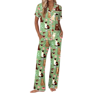 image:imageEkouaer Pajamas for Women Set Button Up Soft Pjs Short Sleeve 2 Piece Lounge Sets Comfy SleepwearGreen Cat Print
