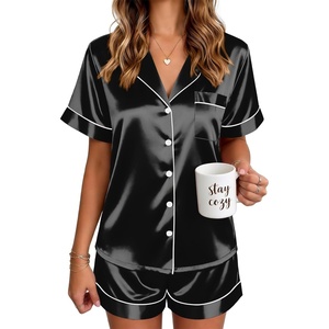 image:imageEkouaer Satin Pajamas for Women Silk Pjs Short Set 2 Piece Button Up Lounge Sets Short Sleeve Sleepwear SXXLBlack