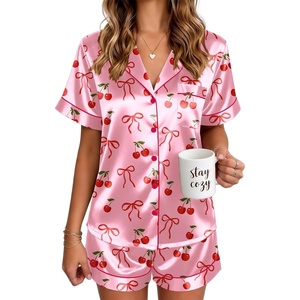image:imageEkouaer Satin Pajamas for Women Silk Pjs Short Set 2 Piece Button Up Lounge Sets Short Sleeve Sleepwear SXXLCherry and Bow