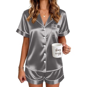 image:imageEkouaer Satin Pajamas for Women Silk Pjs Short Set 2 Piece Button Up Lounge Sets Short Sleeve Sleepwear SXXLDark Grey