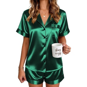 image:imageEkouaer Satin Pajamas for Women Silk Pjs Short Set 2 Piece Button Up Lounge Sets Short Sleeve Sleepwear SXXLGreen