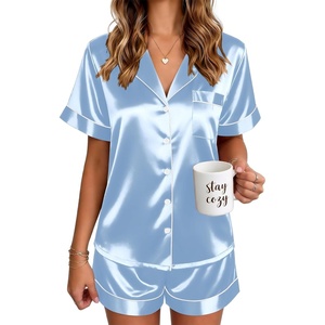 image:imageEkouaer Satin Pajamas for Women Silk Pjs Short Set 2 Piece Button Up Lounge Sets Short Sleeve Sleepwear SXXLLight Blue