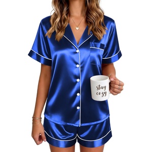 image:imageEkouaer Satin Pajamas for Women Silk Pjs Short Set 2 Piece Button Up Lounge Sets Short Sleeve Sleepwear SXXLRoyal Blue