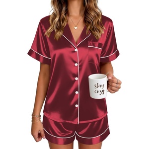 image:imageEkouaer Satin Pajamas for Women Silk Pjs Short Set 2 Piece Button Up Lounge Sets Short Sleeve Sleepwear SXXLWine