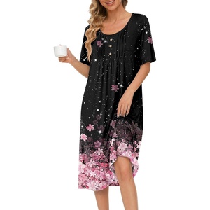 image:imageEkouaer Nightgowns for Women Short Sleeve House Dresses with Pockets Pleated Moo moos Floral Print Mumu DressCherry Blossoms