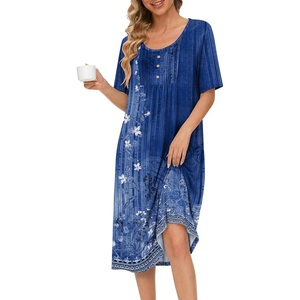 image:imageEkouaer Nightgowns for Women Short Sleeve House Dresses with Pockets Pleated Moo moos Floral Print Mumu DressEthnic Print Blue