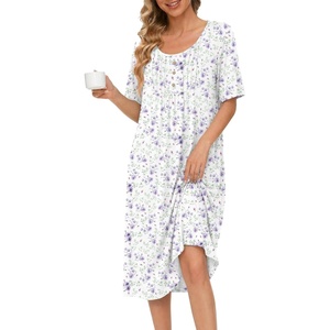 image:imageEkouaer Nightgowns for Women Short Sleeve House Dresses with Pockets Pleated Moo moos Floral Print Mumu DressFloral White Purple