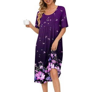 image:imageEkouaer Nightgowns for Women Short Sleeve House Dresses with Pockets Pleated Moo moos Floral Print Mumu DressPurple Flower