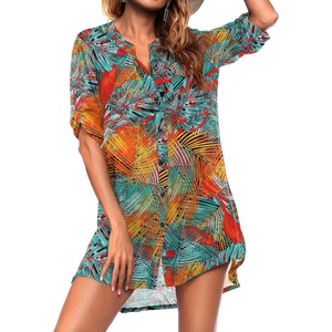 image:imageEkouaer Bathing Suit Cover Up for Women V Neck Button Down Swimsuit Coverup Beach Dress Shirt S3XLGreen Tropical Print