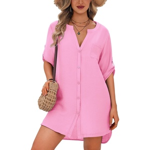 image:imageEkouaer Bathing Suit Cover Up for Women V Neck Button Down Swimsuit Coverup Beach Dress Shirt S3XLPink