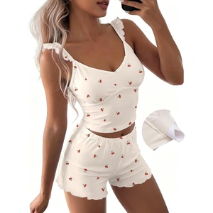 image:imageEkouaer Summer Pajamas Built in Bra Ruffle Pjs Cute Lingerie 2 Piece Cami and Shorts Set for Women Getting Ready Bridal PartyBeige Cherry