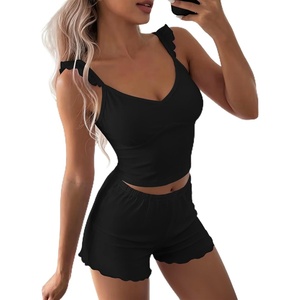 image:imageEkouaer Summer Pajamas Built in Bra Ruffle Pjs Cute Lingerie 2 Piece Cami and Shorts Set for Women Getting Ready Bridal PartyBlack
