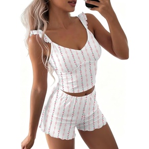 image:imageEkouaer Summer Pajamas Built in Bra Ruffle Pjs Cute Lingerie 2 Piece Cami and Shorts Set for Women Getting Ready Bridal PartyBow Floral Pink
