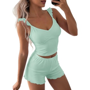 image:imageEkouaer Summer Pajamas Built in Bra Ruffle Pjs Cute Lingerie 2 Piece Cami and Shorts Set for Women Getting Ready Bridal PartyGreen