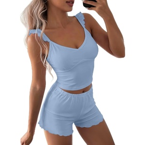 image:imageEkouaer Summer Pajamas Built in Bra Ruffle Pjs Cute Lingerie 2 Piece Cami and Shorts Set for Women Getting Ready Bridal PartyLight Blue