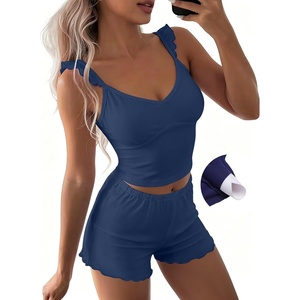 image:imageEkouaer Summer Pajamas Built in Bra Ruffle Pjs Cute Lingerie 2 Piece Cami and Shorts Set for Women Getting Ready Bridal PartyNavy Blue