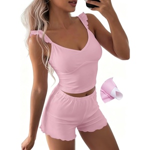 image:imageEkouaer Summer Pajamas Built in Bra Ruffle Pjs Cute Lingerie 2 Piece Cami and Shorts Set for Women Getting Ready Bridal PartyPink