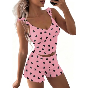 image:imageEkouaer Summer Pajamas Built in Bra Ruffle Pjs Cute Lingerie 2 Piece Cami and Shorts Set for Women Getting Ready Bridal PartyPink Black Heart