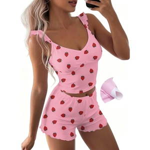 image:imageEkouaer Summer Pajamas Built in Bra Ruffle Pjs Cute Lingerie 2 Piece Cami and Shorts Set for Women Getting Ready Bridal PartyPink Strawberry