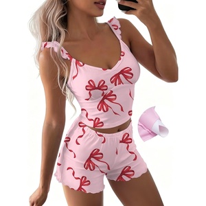 image:imageEkouaer Summer Pajamas Built in Bra Ruffle Pjs Cute Lingerie 2 Piece Cami and Shorts Set for Women Getting Ready Bridal PartyWhite Red Bow
