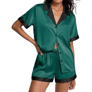 image:imageEkouaer Womens Silk Satin Pajamas Set Short Sleeve Sleepwear Button Down Loungewear 2 Piece Pjs Shorts SetBlue Green