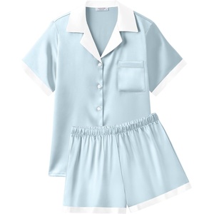 image:imageEkouaer Womens Silk Satin Pajamas Set Short Sleeve Sleepwear Button Down Loungewear 2 Piece Pjs Shorts SetLight Blue