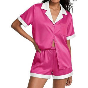 image:imageEkouaer Womens Silk Satin Pajamas Set Short Sleeve Sleepwear Button Down Loungewear 2 Piece Pjs Shorts SetRose Red